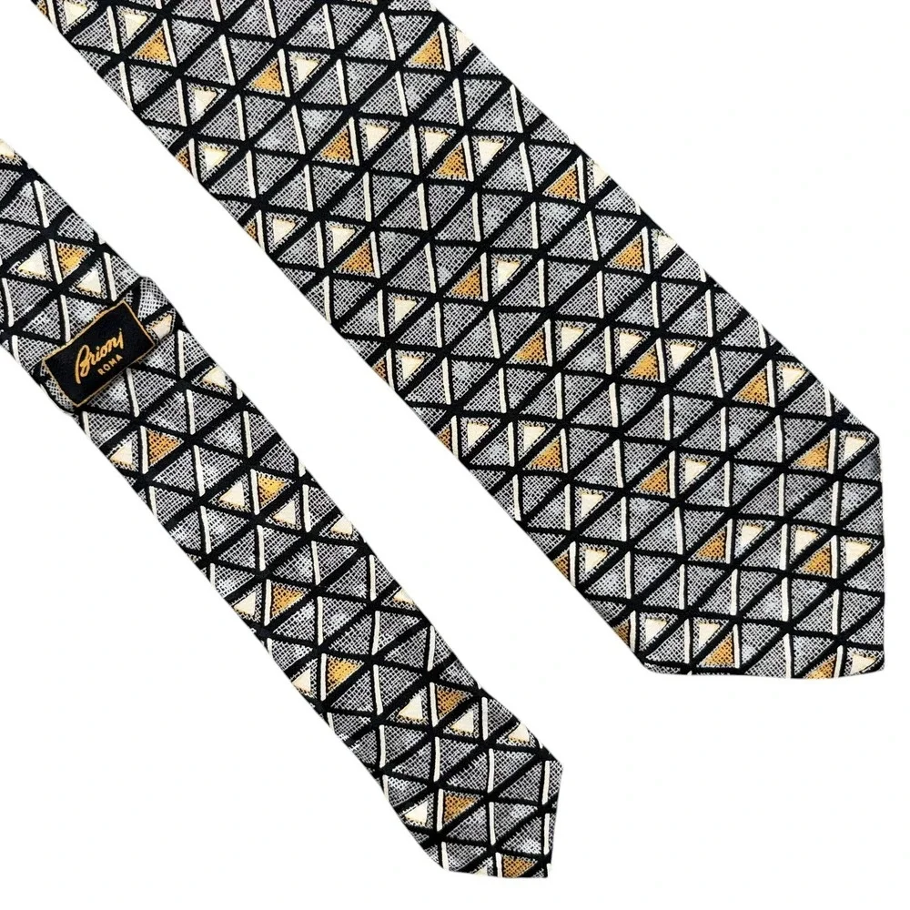 Brioni 100% Silk Necktie Mens Gray Gold Geometric Handmade Italy Tie 4x61